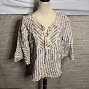 Isaac Mizrahi Cream and Navy Striped Peasant Blouse
